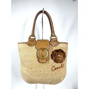 Coach Bleecker Straw Handbag Shoulder Bag Natural Saddle Leather Trim Flower